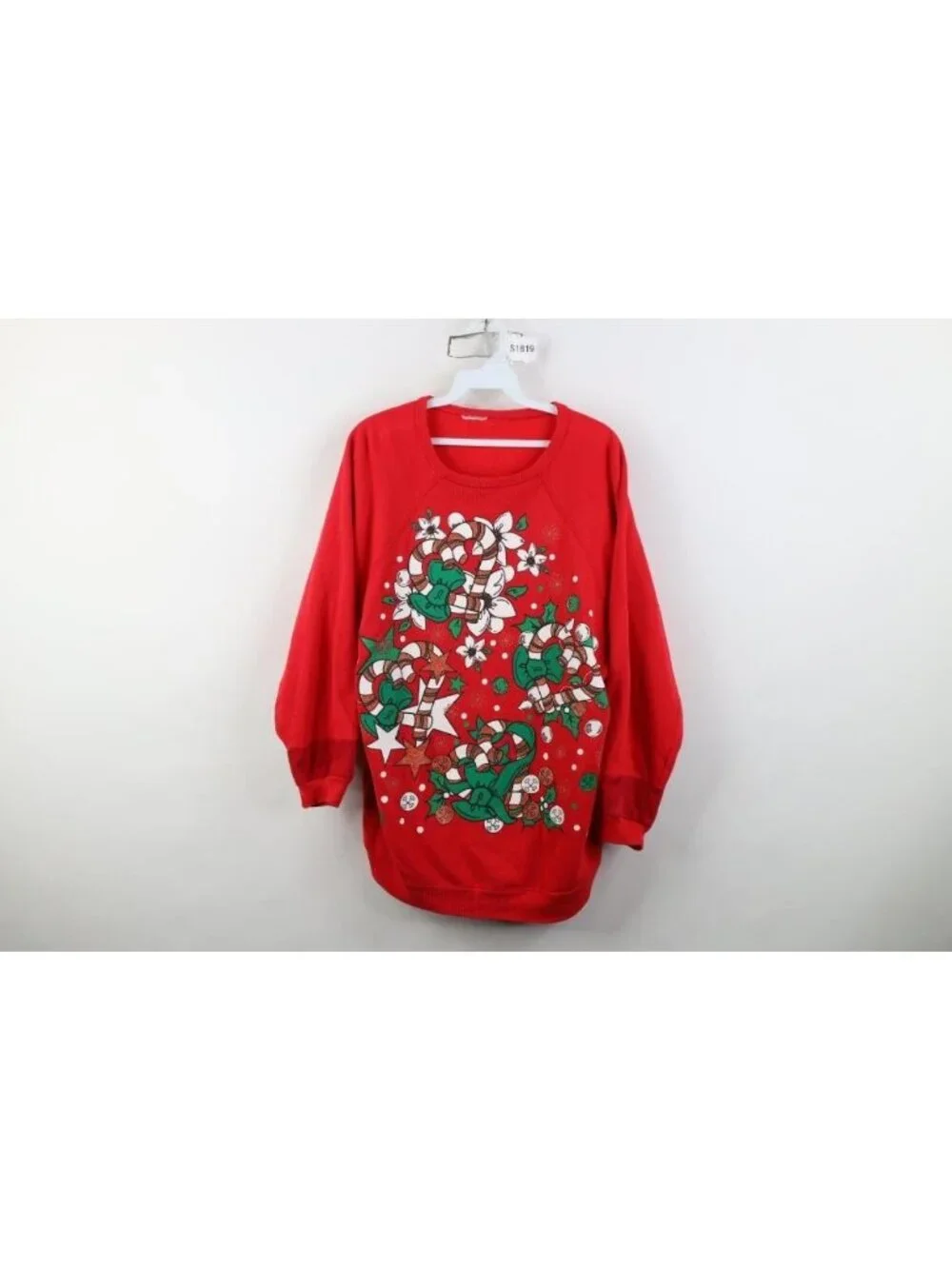 Vintage 90s Womens XL Distressed Christmas Candy Cane Flower Crewneck Sweatshirt